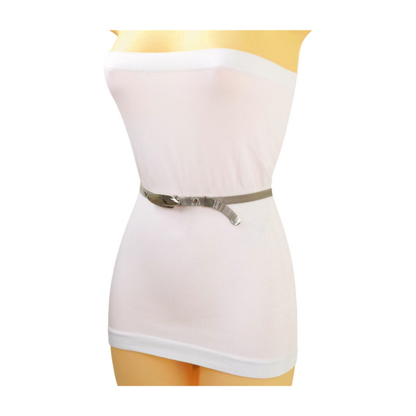 Women Silver Mesh Metal Ultra Skinny Belt Long Buckle Size S