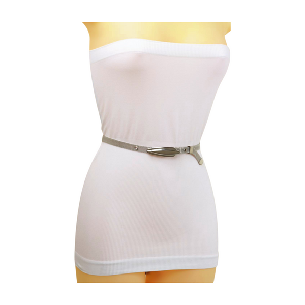 Women Silver Mesh Metal Ultra Skinny Belt Long Buckle Size S