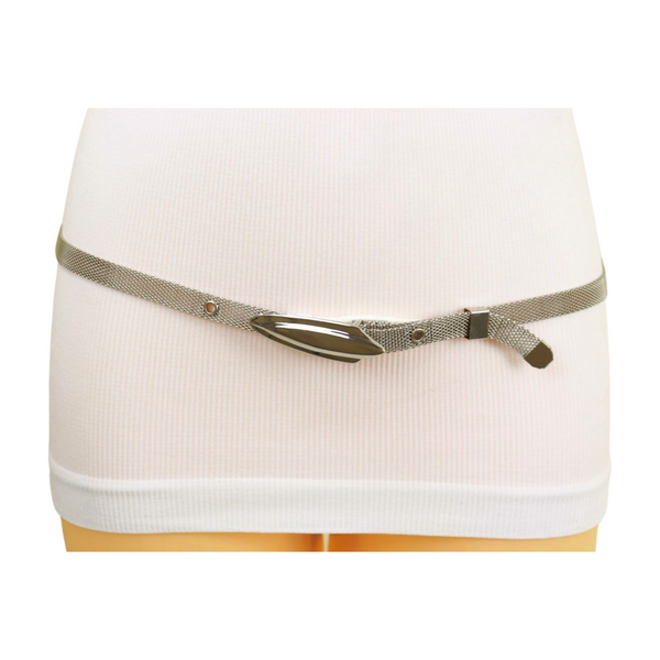 Women Silver Mesh Metal Ultra Skinny Belt Long Buckle Size S