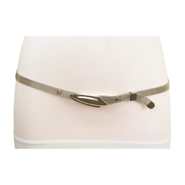 Women Silver Mesh Metal Ultra Skinny Belt Long Buckle Size S