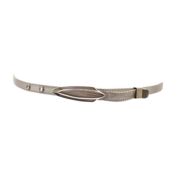 Women Silver Mesh Metal Ultra Skinny Belt Long Buckle Size S