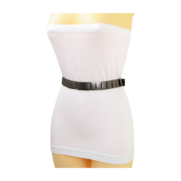 Brand New Women Pewter Black Color Metal Elastic Waistband Skinny Belt Size S M