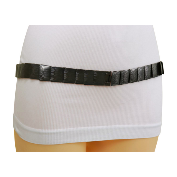 Brand New Women Pewter Black Color Metal Elastic Waistband Skinny Belt Size S M