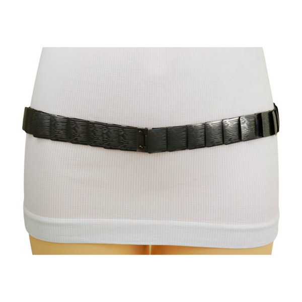Brand New Women Pewter Black Color Metal Elastic Waistband Skinny Belt Size S M