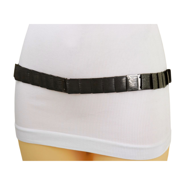 Brand New Women Pewter Black Color Metal Elastic Waistband Skinny Belt Size S M