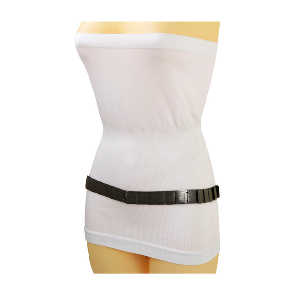 Brand New Women Pewter Black Color Metal Elastic Waistband Skinny Belt Size S M