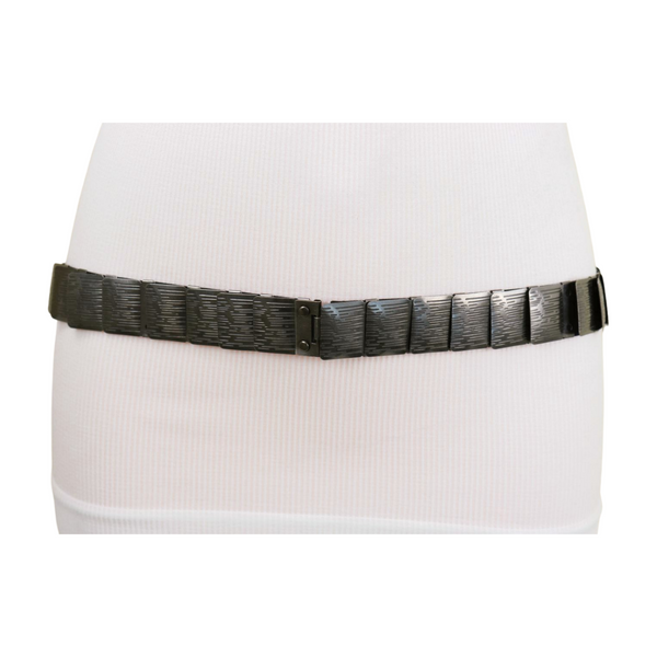 Brand New Women Pewter Black Color Metal Elastic Waistband Skinny Belt Size S M