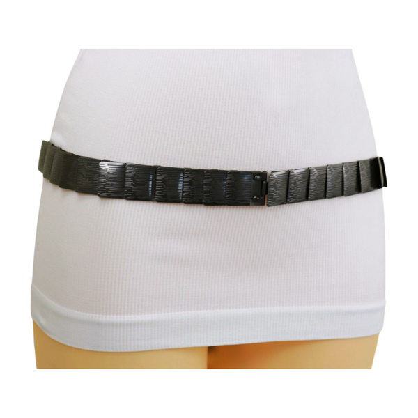 Brand New Women Pewter Black Color Metal Elastic Waistband Skinny Belt Size S M