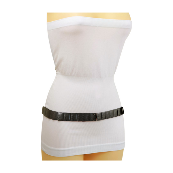 Brand New Women Pewter Black Color Metal Elastic Waistband Skinny Belt Size S M
