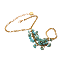 New Women Gold Metal Hand Chain Bracelet Connected Finger Ring Turquoise Blue Beads