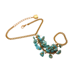 New Women Gold Metal Hand Chain Bracelet Connected Finger Ring Turquoise Blue Beads