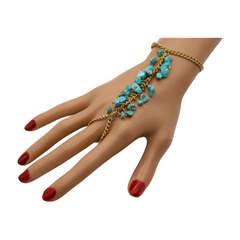New Women Gold Metal Hand Chain Bracelet Connected Finger Ring Turquoise Blue Beads