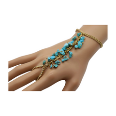New Women Gold Metal Hand Chain Bracelet Connected Finger Ring Turquoise Blue Beads