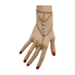 New Women Gold Metal Hand Chain Fashion Bracelet Ring Connected Turquoise Blue Beads