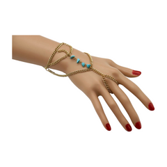 New Women Gold Metal Hand Chain Fashion Bracelet Ring Connected Turquoise Blue Beads