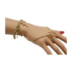New Women Fashion Jewelry Gold Metal Hand Chain Bracelet Cross Charm Ring Connected