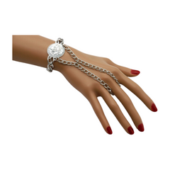 New Women Silver Metal Hand Chain Bracelet Moroccan Style Coin Charm Connected Ring Ethnic Fashion Jewelry