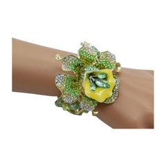 New Women Gold Metal Yellow Green Flowers Cuff Bracelet Fashion Jewelry Bouquet
