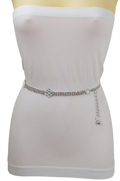 Brand New Women Silver Metal Chain Belt Flower Charm Beads S M L