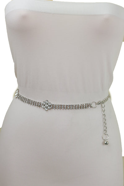 Brand New Women Silver Metal Chain Belt Flower Charm Beads S M L