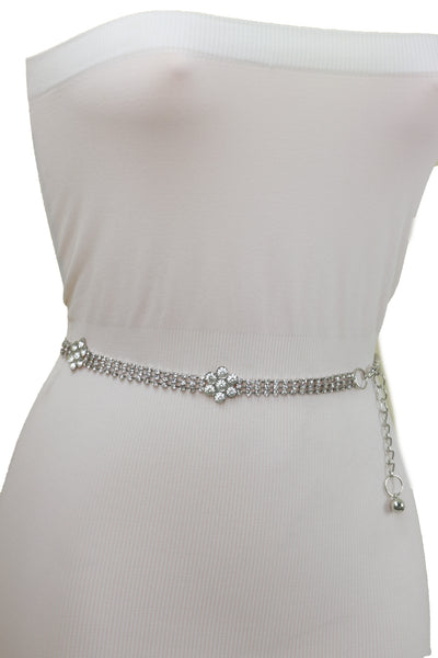 Brand New Women Silver Metal Chain Belt Flower Charm Beads S M L