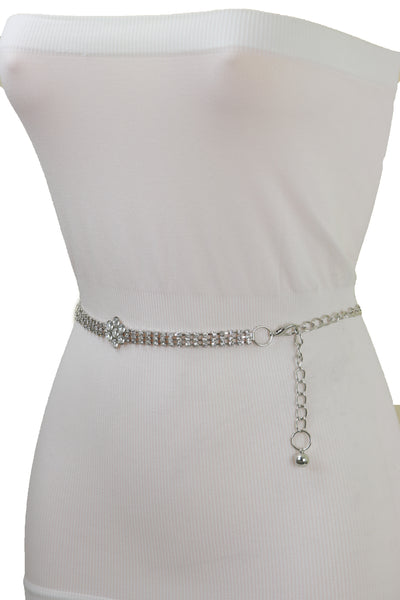 Brand New Women Silver Metal Chain Belt Flower Charm Beads S M L