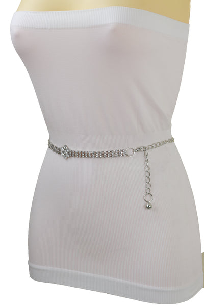 Brand New Women Silver Metal Chain Belt Flower Charm Beads S M L