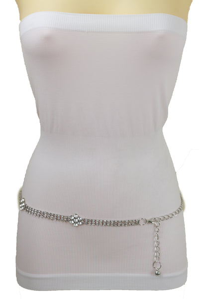 Brand New Women Silver Metal Chain Belt Flower Charm Beads S M L