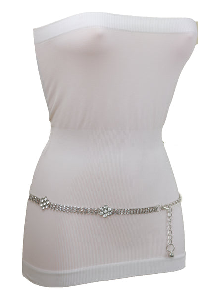 Brand New Women Silver Metal Chain Belt Flower Charm Beads S M L