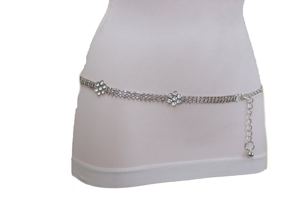 Brand New Women Silver Metal Chain Belt Flower Charm Beads S M L