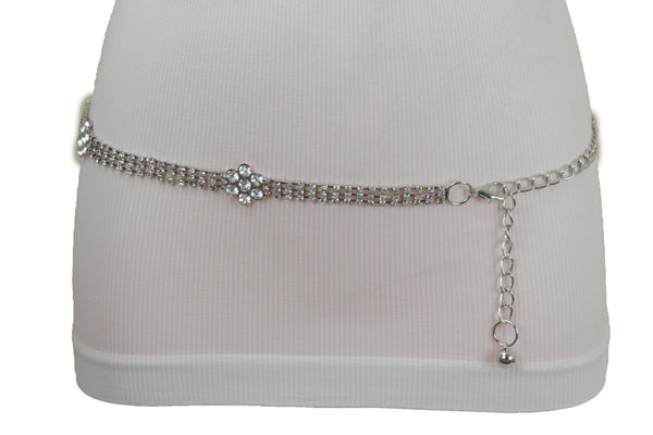 Brand New Women Silver Metal Chain Belt Flower Charm Beads S M L