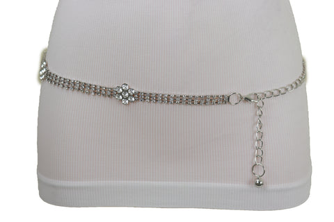 Brand New Women Silver Metal Chain Belt Flower Charm Beads S M L