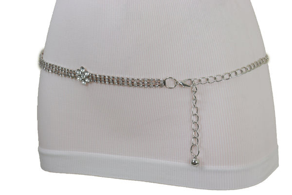 Brand New Women Silver Metal Chain Belt Flower Charm Beads S M L