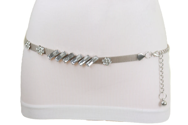 Brand New Women Silver Metal Chain Belt Flower Charms Long Beads S M L