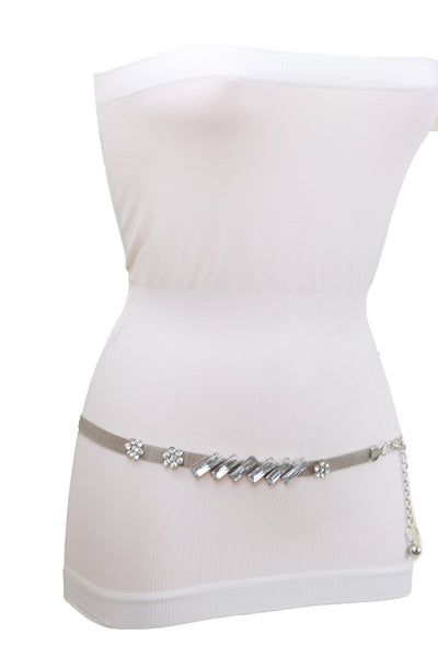 Brand New Women Silver Metal Chain Belt Flower Charms Long Beads S M L