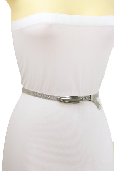 Women Silver Mesh Metal Ultra Skinny Belt Long Buckle Size S