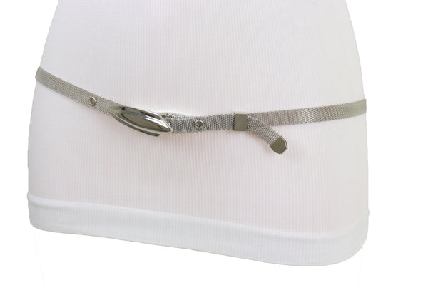 Women Silver Mesh Metal Ultra Skinny Belt Long Buckle Size S