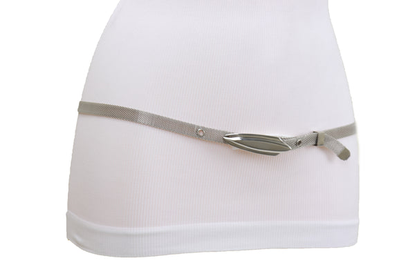 Women Silver Mesh Metal Ultra Skinny Belt Long Buckle Size S
