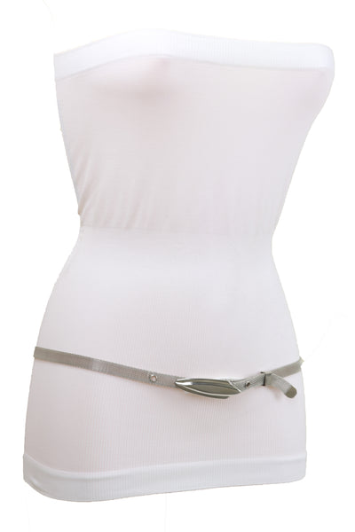 Women Silver Mesh Metal Ultra Skinny Belt Long Buckle Size S