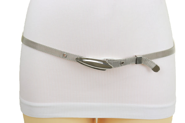 Women Silver Mesh Metal Ultra Skinny Belt Long Buckle Size S