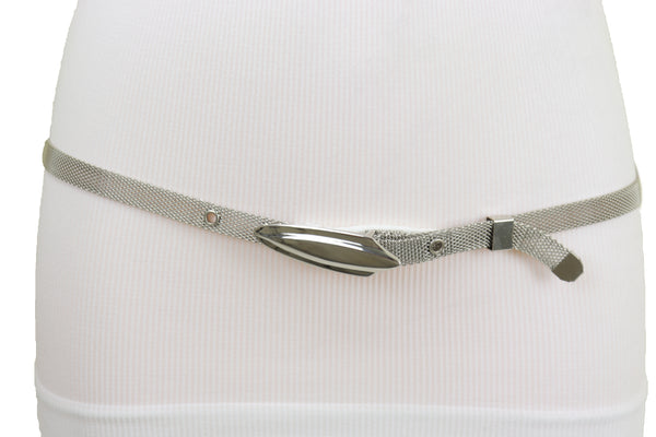 Women Silver Mesh Metal Ultra Skinny Belt Long Buckle Size S