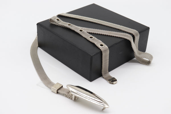Women Silver Mesh Metal Ultra Skinny Belt Long Buckle Size S