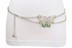 Silver Metal Chain Links Skinny Belt Hip Waist Green Butterfly Charm S M L