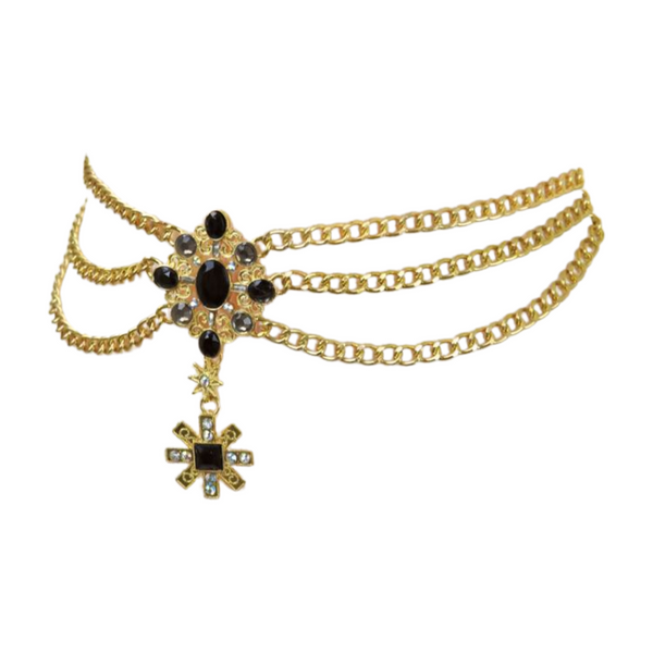 Brand New Women Gold Metal Chain Belt British Black Cross Star Charm S M