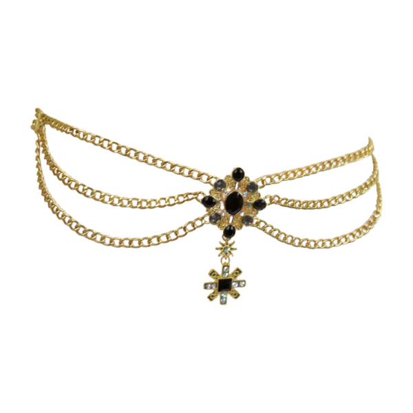 Brand New Women Gold Metal Chain Belt British Black Cross Star Charm S M
