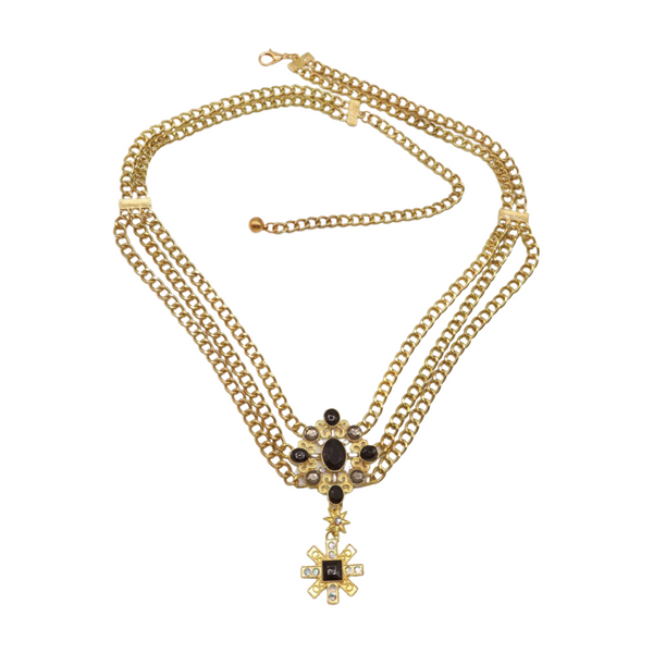 Brand New Women Gold Metal Chain Belt British Black Cross Star Charm S M