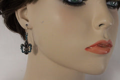 Women Earring Fashion Jewelry Silver Metal Fleur De Lis Flower Turquoise Blue