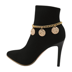 Brand New Women Gold Metal Boot Chain Bracelet Shoe Anklet 3 Hammered Circle Charms SET BC239