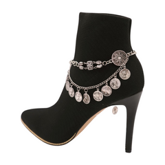 Brand New Women Silver Metal Boot Chain Bracelet Shoe Anklet Ethnic Coin Charms SET BC207