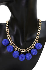 Brand New Women’s Women Short Statement Necklace Gold Chain Blue Bead Charms  -   WN32